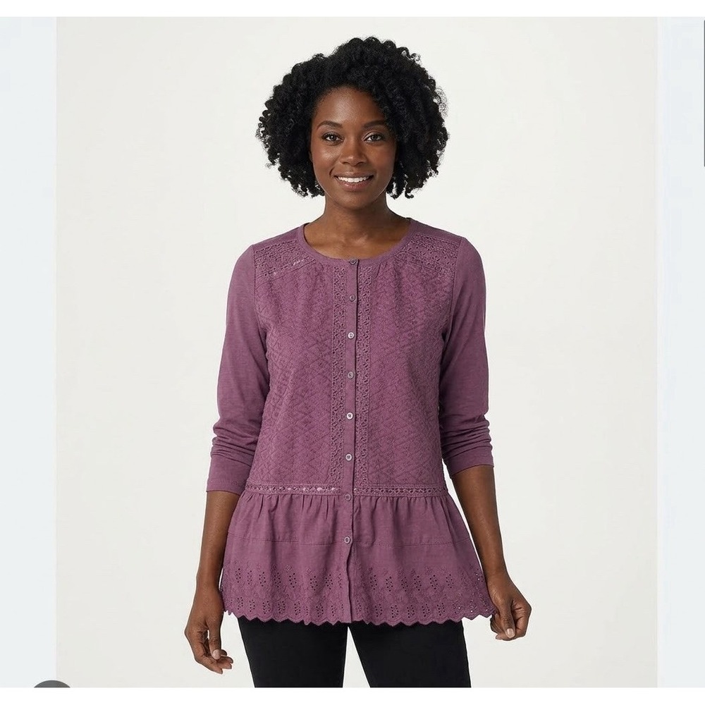 LOGO BY LORI GOLDSTEIN LAVISH BUTTON-FRONT WOVEN TOP WITH KNIT SLEEVES M